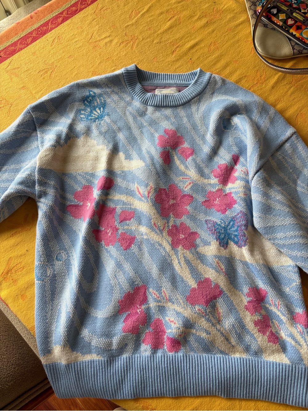 Roots Light Blue Crewneck Sweater with Pink Floral & Cream Accents